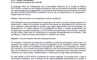 Comunicado 2 POSICIONAMIENTO DEL SUTUACM RESPECTO A LA CITACIÓN A COMPARECENCIA EN EL EXPEDIENTE UACM/CG/D/074/2025
