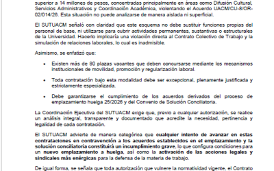 Comunicado 6 SEGUNDO PRONUNCIAMIENTO DEL SUTUACM Sobre la intención de contratación de prestadoras y prestadores de servicios profesionales en la UACM