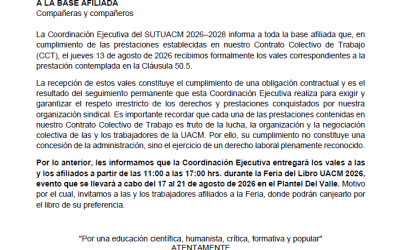 COMUNICADO “URGENTE” Entrega de vales correspondientes a la Cláusula 50.5 del Contrato Colectivo de Trabajo